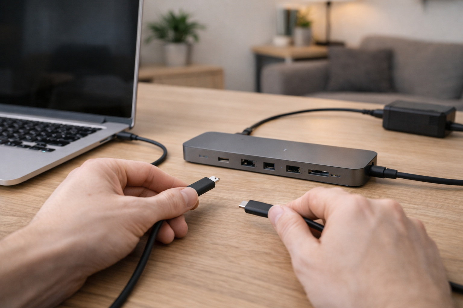 User reconnecting a USB-C dock cable while troubleshooting laptop charging problems.
