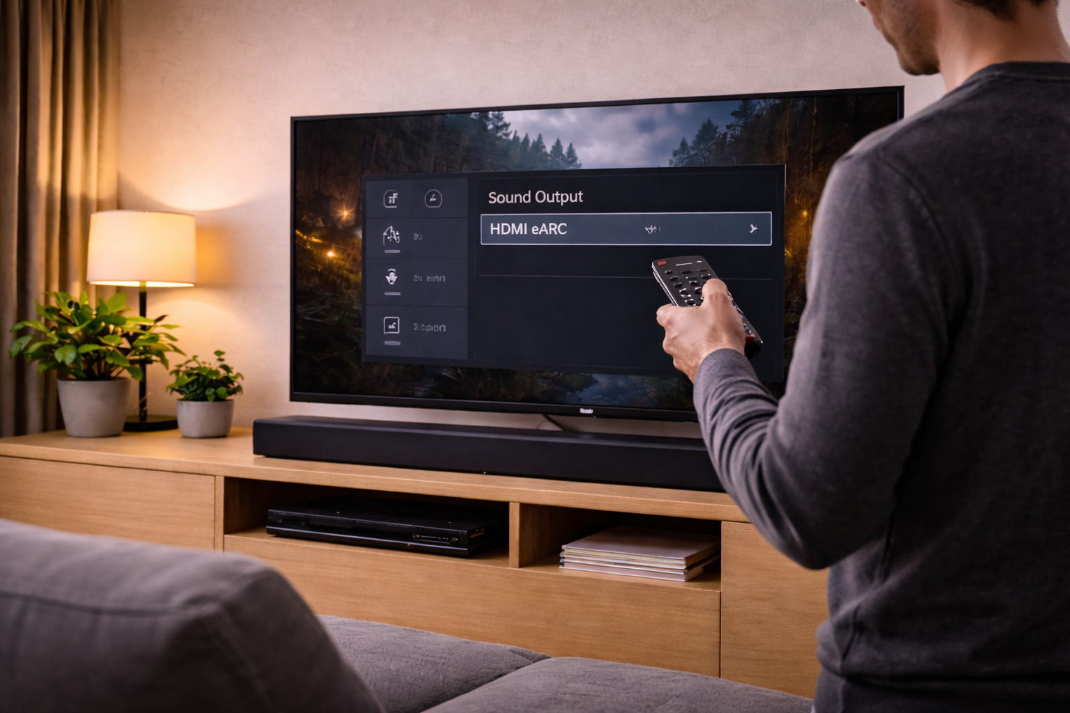 User adjusting TV audio output settings to HDMI eARC while troubleshooting a soundbar connection.