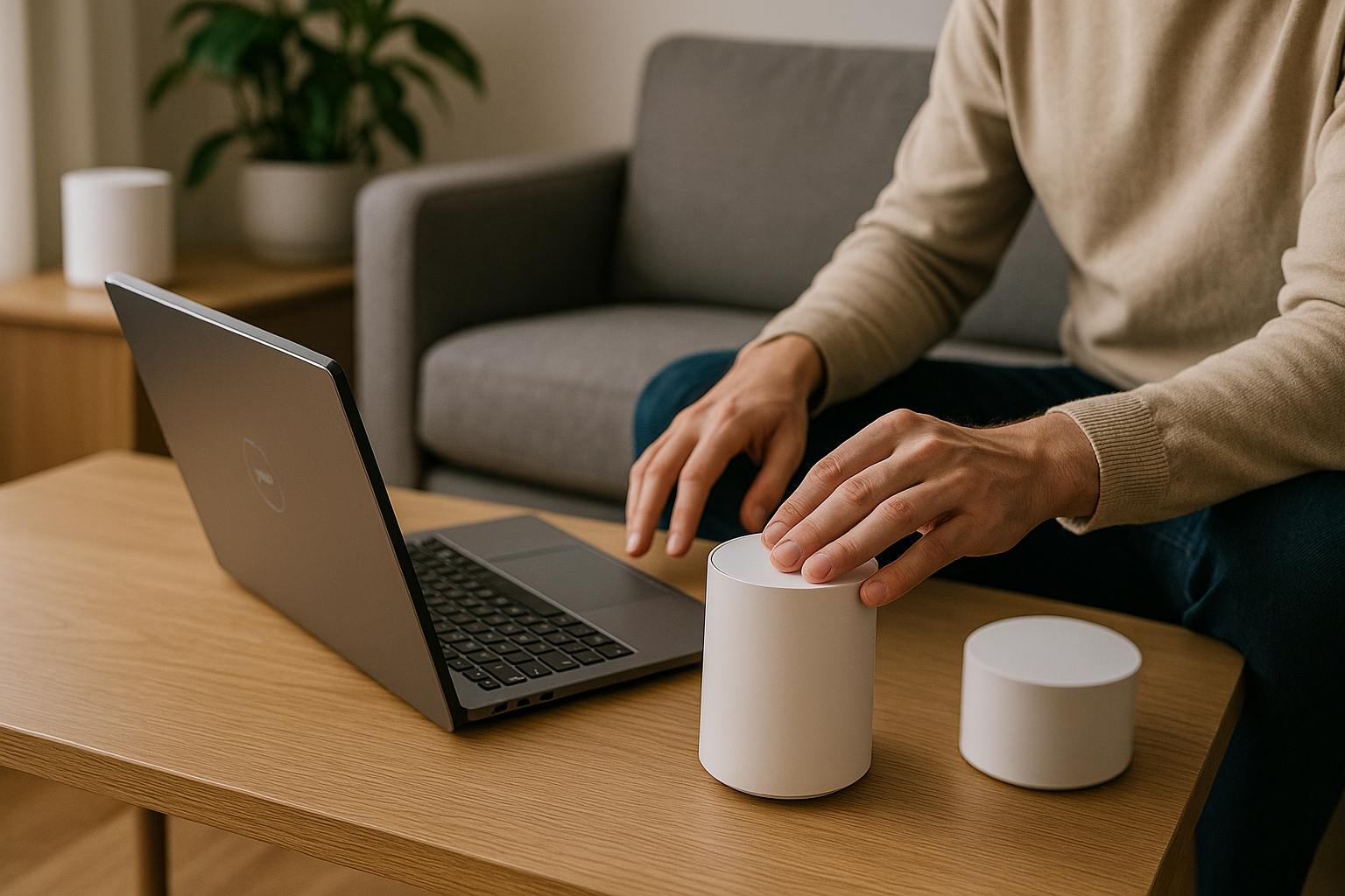 Close-up of mesh Wi-Fi node hardware used to improve home internet performance