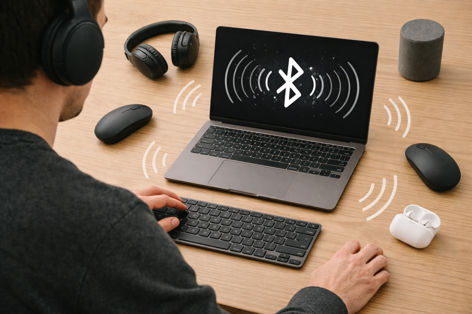 User troubleshooting Bluetooth interference on a laptop surrounded by multiple connected wireless devices