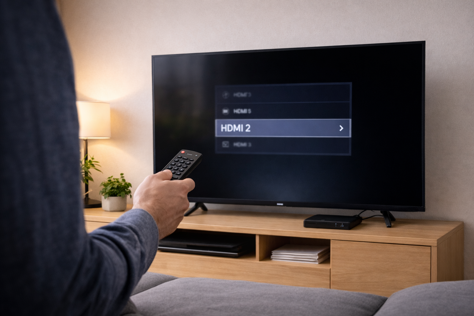 User switching HDMI inputs on a TV after powering it on.