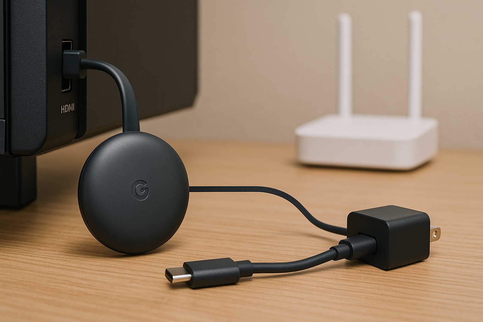 Diagram-style photo showing Chromecast, TV, router and power layout for Wi-Fi setup