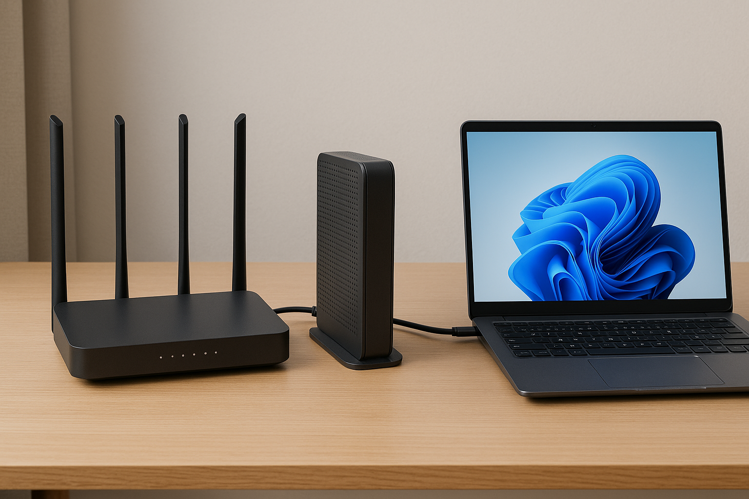 Physical layout showing modem, router and laptop where Wi-Fi is connected but internet is not working