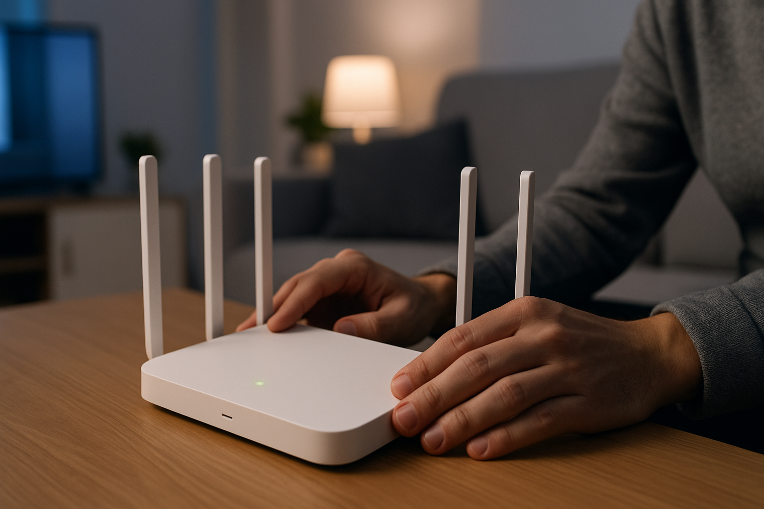 Person adjusting a home router while troubleshooting nightly restart issues