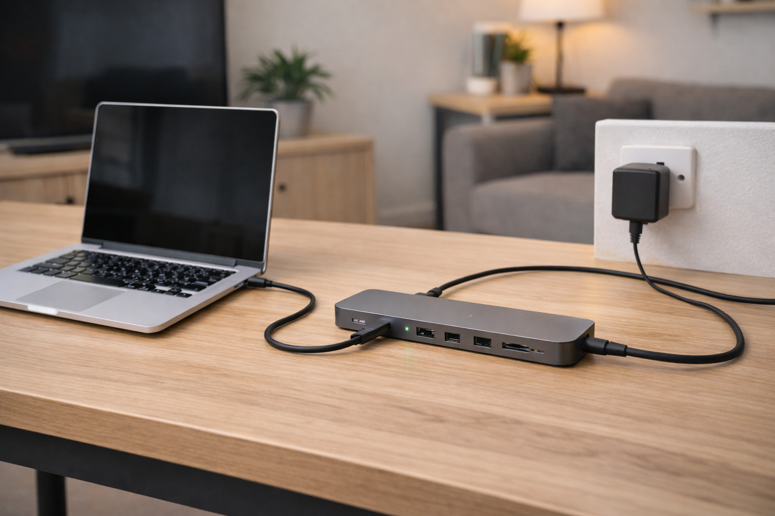 Physical layout showing how power flows from a USB-C dock to a laptop.