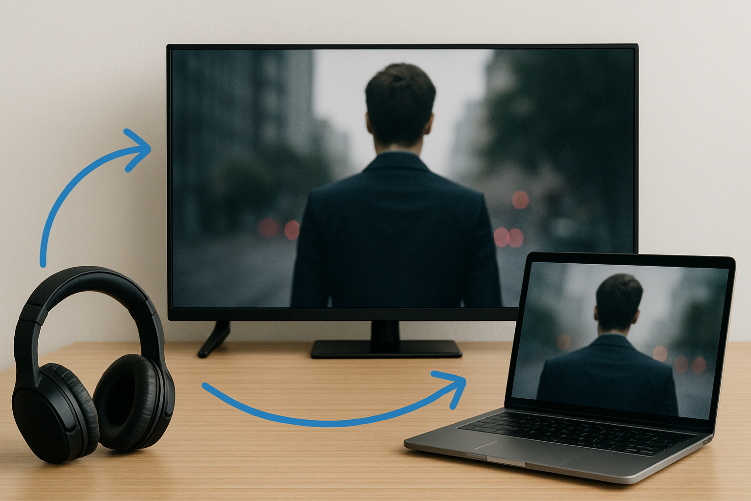 Diagram-style photo showing Bluetooth headphones connected to a TV and laptop to illustrate audio delay between devices