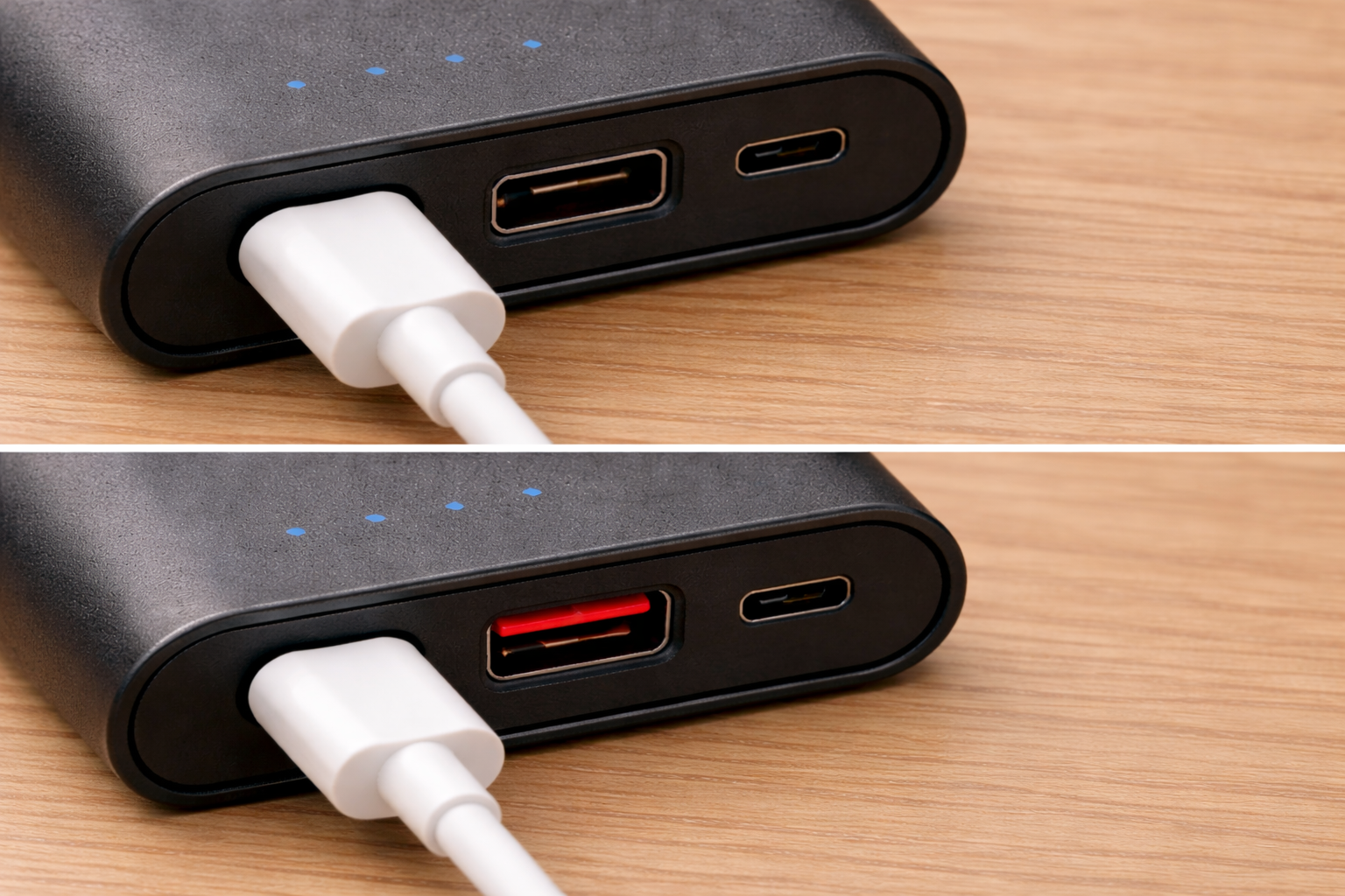close-up of a power bank showing USB-C and USB-A ports with a charging cable connected, highlighting port differences during iPhone charging troubleshooting