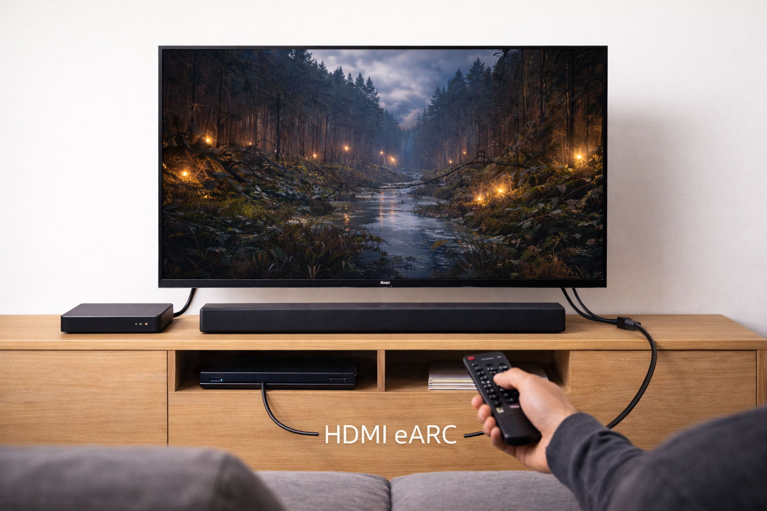 Physical layout showing how audio is sent from a TV to a soundbar using HDMI eARC.