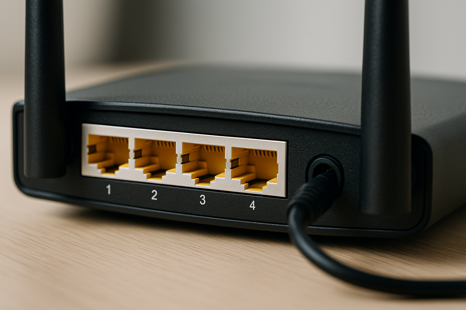 Close-up of router Ethernet ports and power connector while diagnosing nightly restart problems