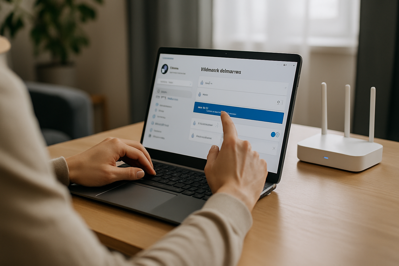 User adjusting VPN settings on a Windows 11 laptop to restore internet connection in a modern UK home office