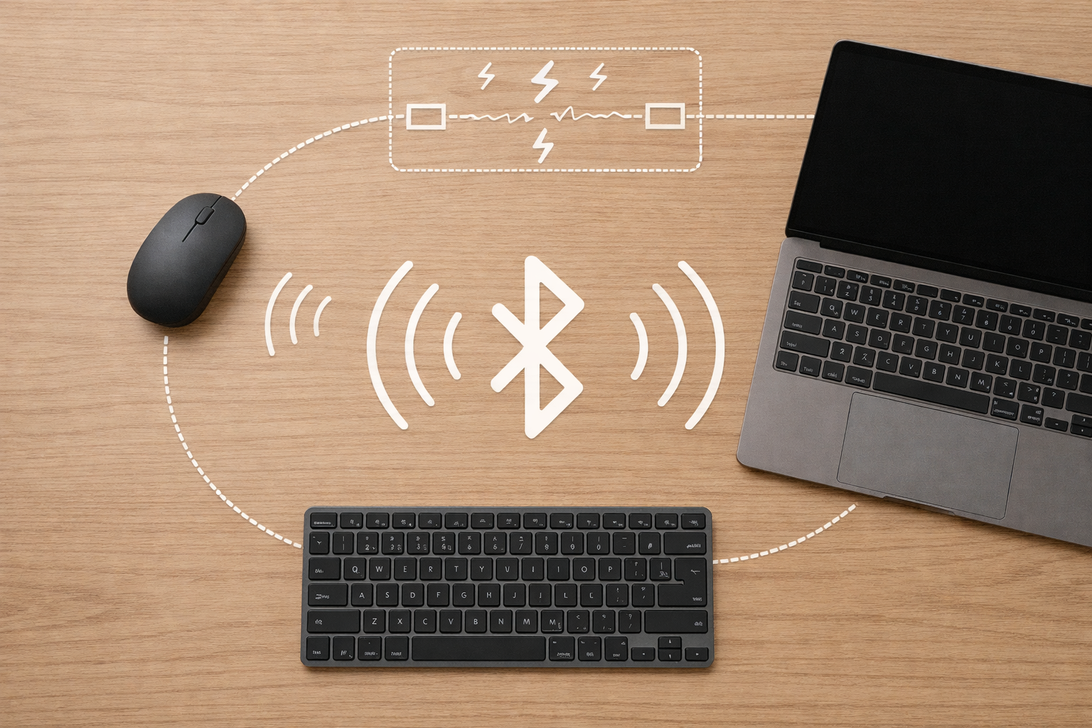 Diagram-style photo showing multiple Bluetooth devices connected to a laptop and causing wireless interference