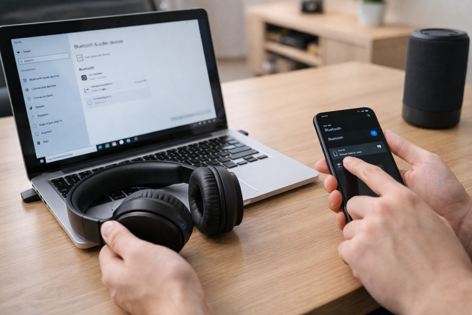 User attempting to connect wireless headphones via Bluetooth on a laptop and phone.