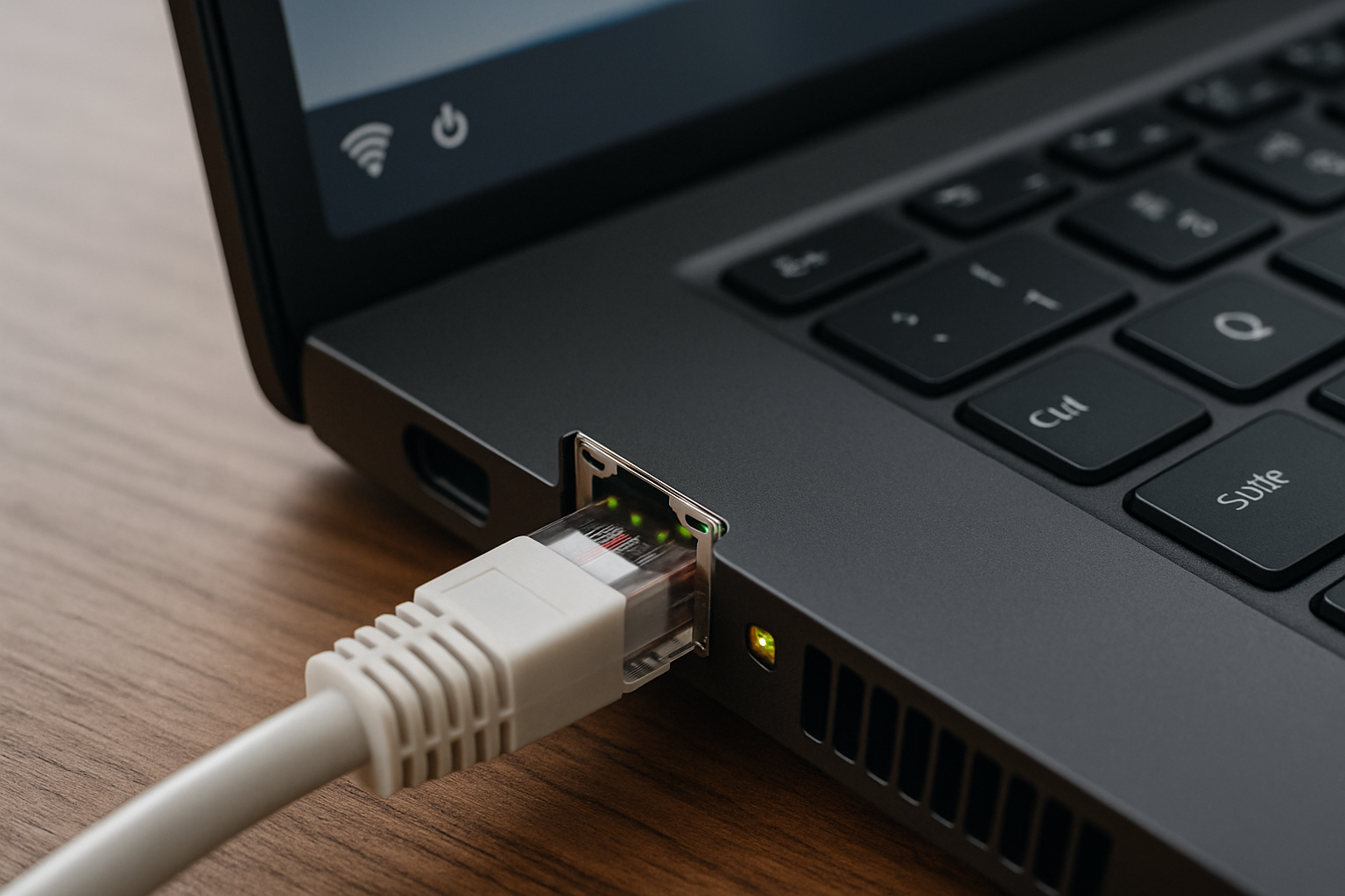 Physical layout showing Ethernet connection between router and Windows 11 laptop with no internet access