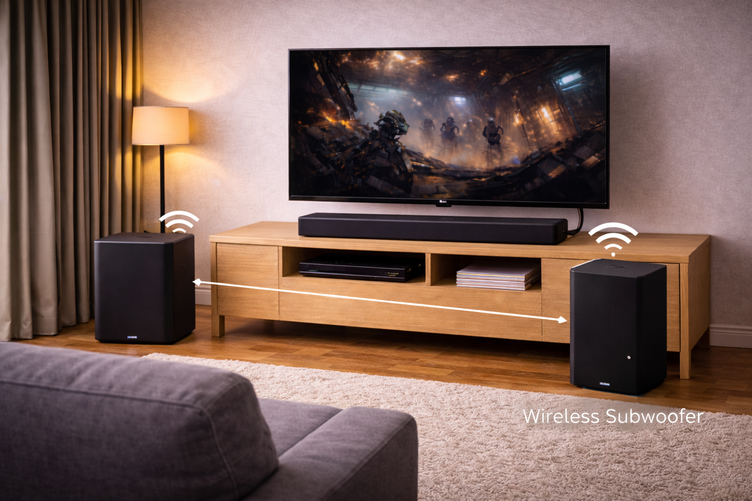 Physical layout showing how a wireless subwoofer pairs and connects with a soundbar in a home theatre setup.