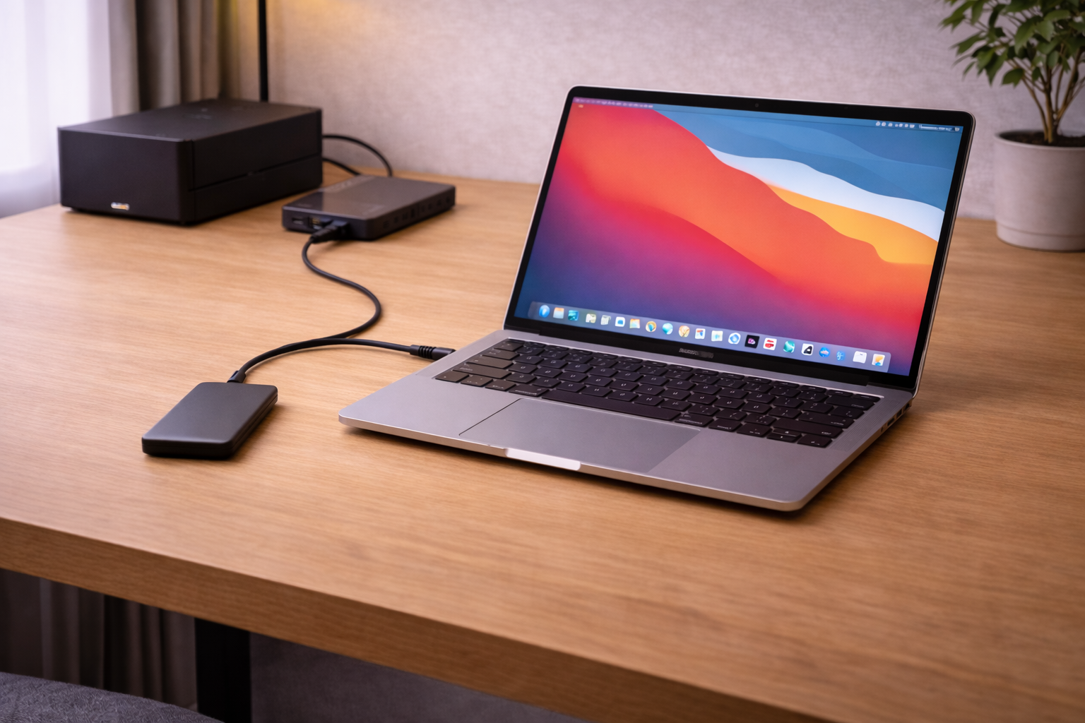 Physical layout showing how an external SSD connects to a MacBook via USB-C, including a powered USB hub in the connection path