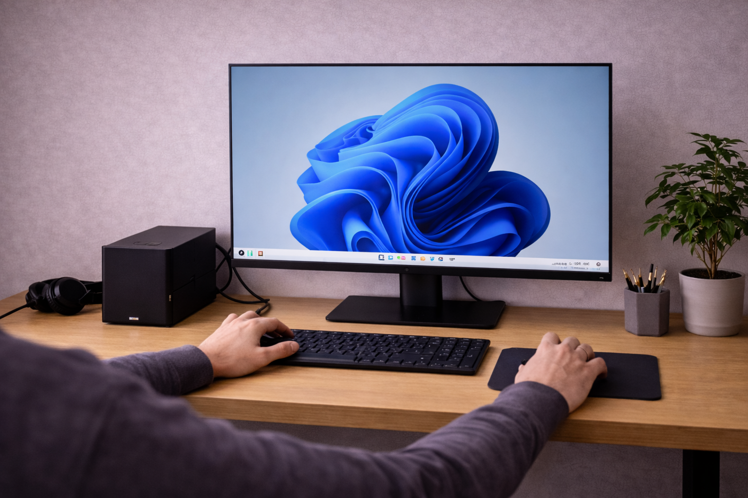 Physical layout showing a Windows 11 PC setup with connected peripherals used when diagnosing random system freezes.