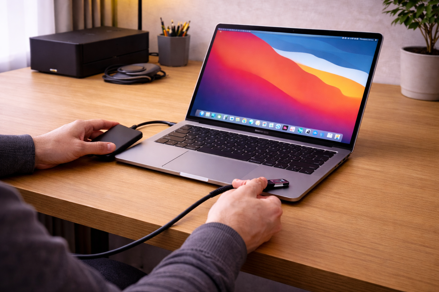 User reconnecting an external SSD to a MacBook while troubleshooting detection issues.