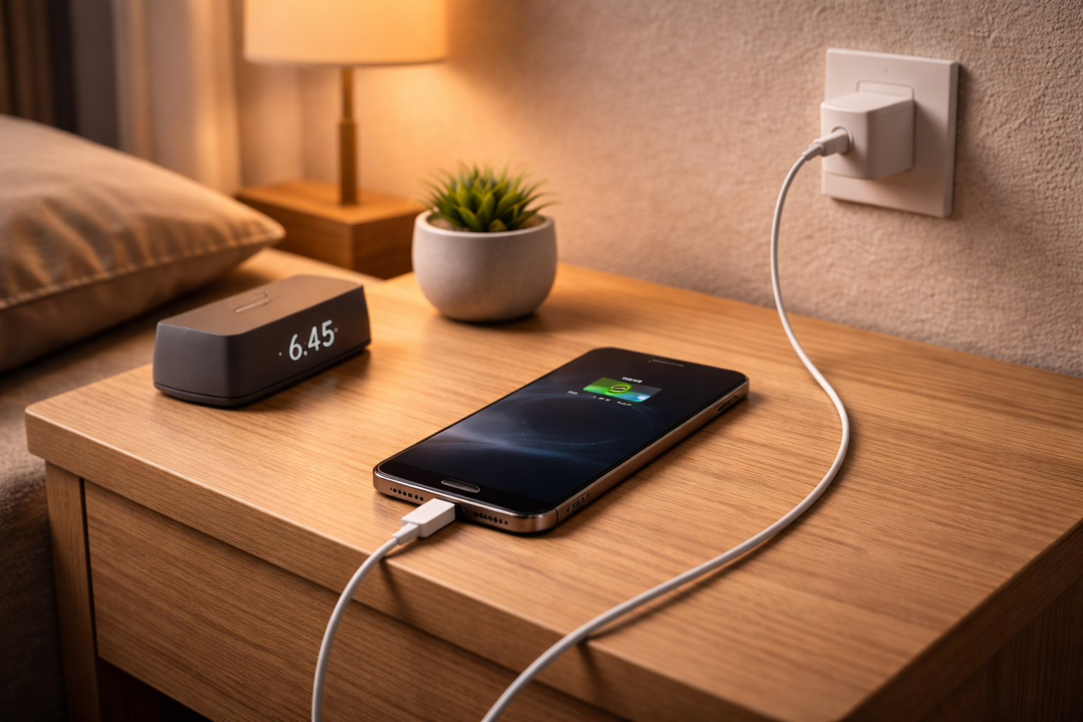 iPhone charging on a bedside table overnight and stopping around eighty percent.