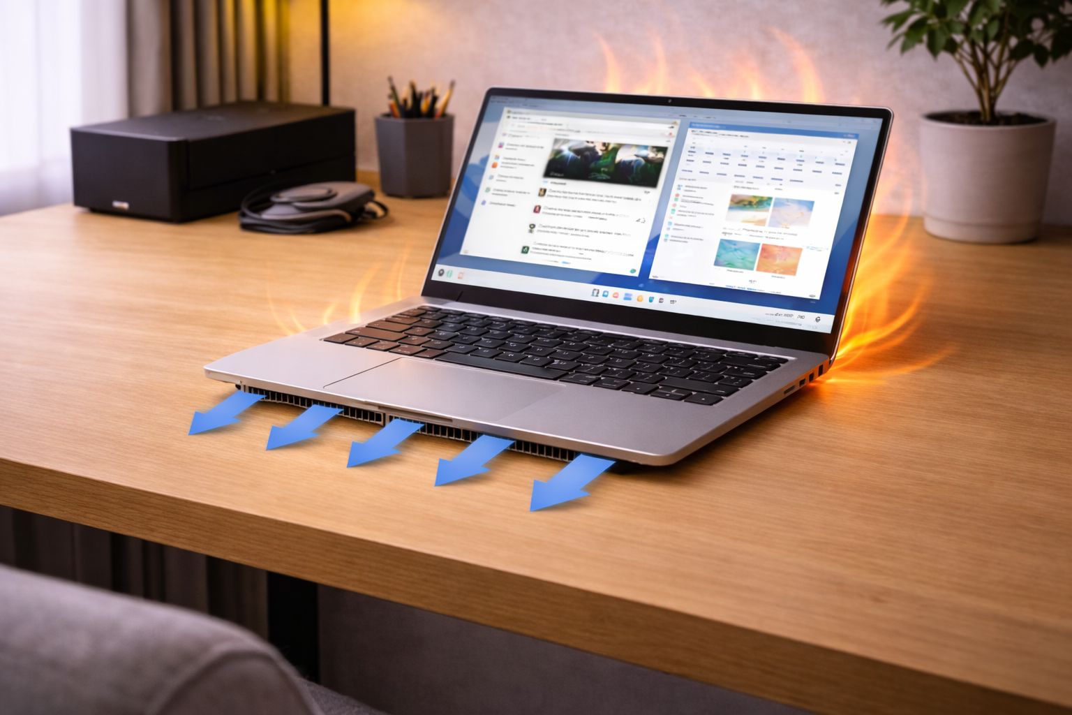 Physical layout showing poor airflow around a laptop on a desk causing heat buildup during light daily use.
