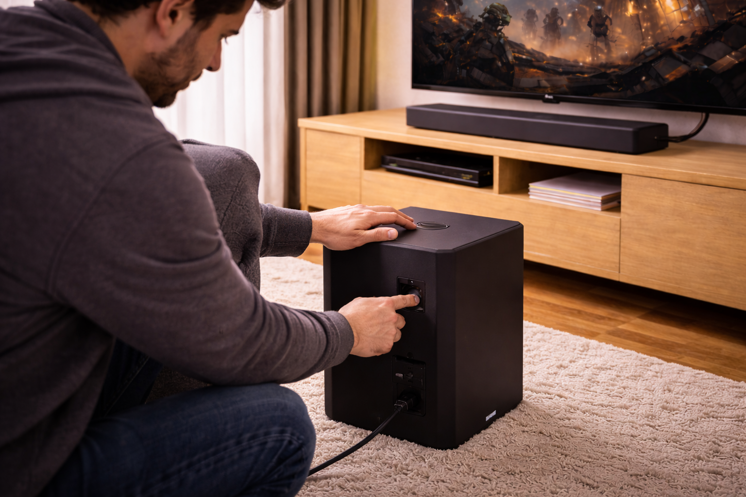 User pressing the pairing button on a wireless subwoofer while troubleshooting its connection to a soundbar.