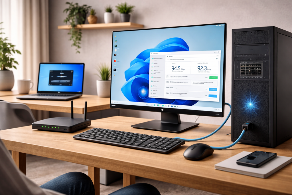 Windows 11 PC connected by Ethernet experiencing slower speeds than Wi-Fi in a home office.