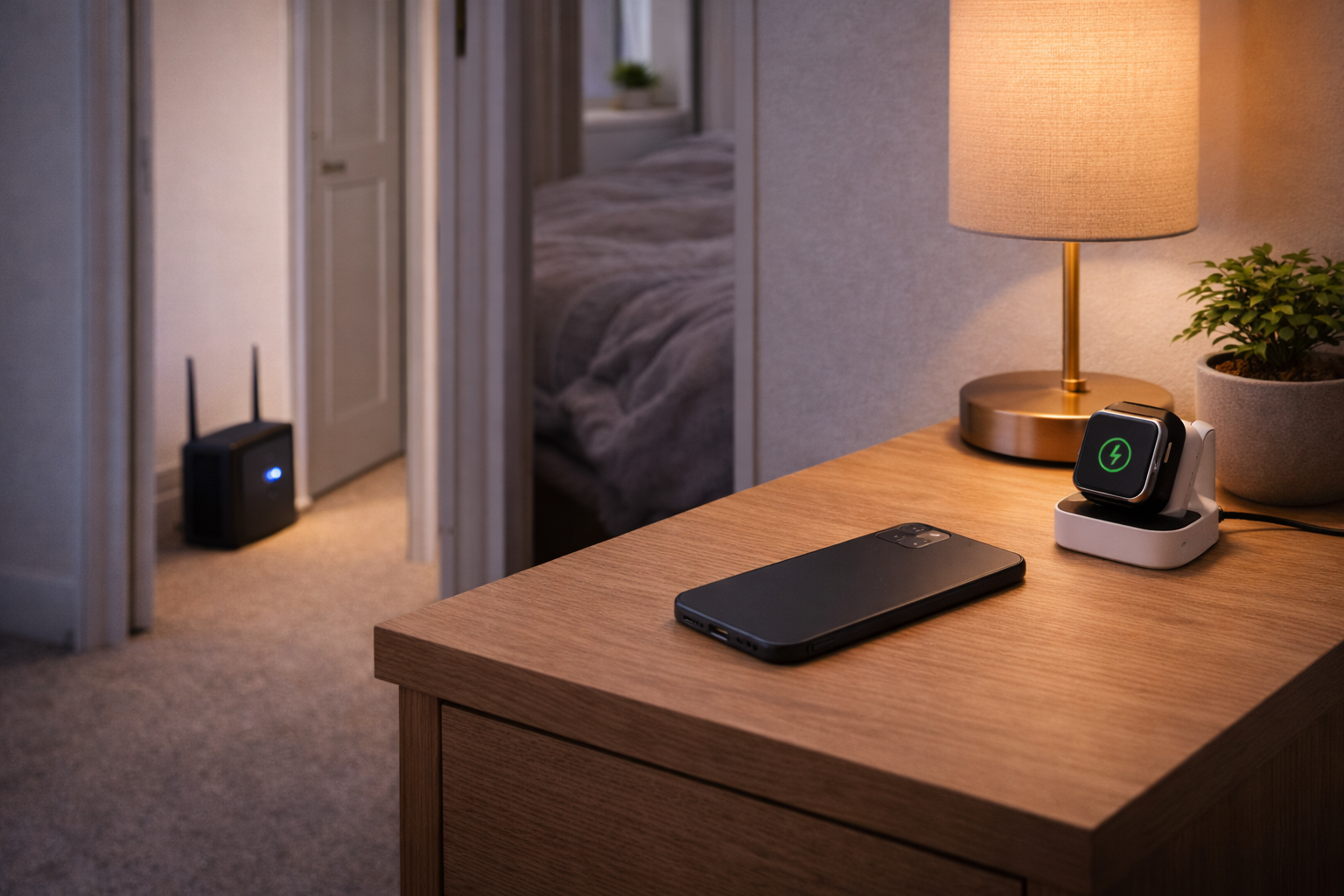 Physical layout showing factors that can cause an iPhone battery to drain overnight, including nearby devices, background connections, and network activity.