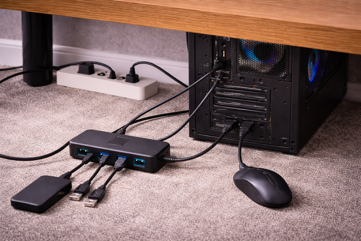 Physical layout showing USB devices connected through a powered USB hub placed under a desk, highlighting potential power and connection issues.