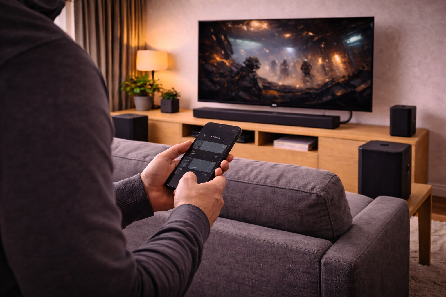 User adjusting wireless rear speaker audio delay using a mobile app to fix sync issues.