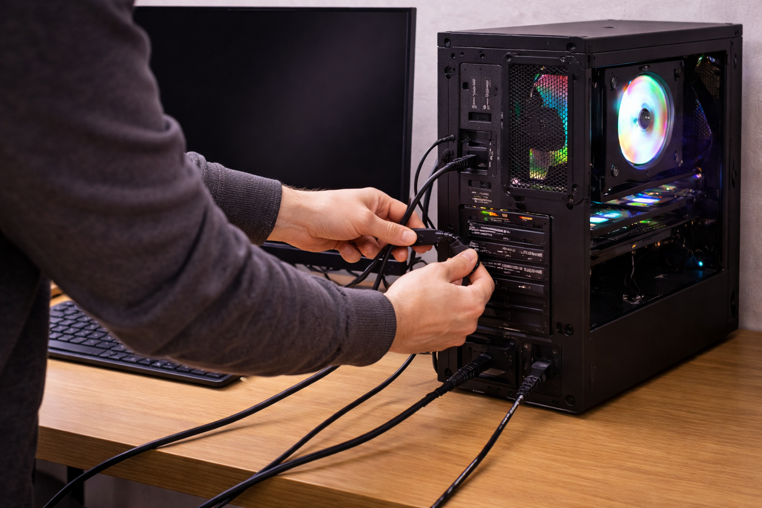 User checking and reconnecting display cables on a PC that turns on but shows no image.