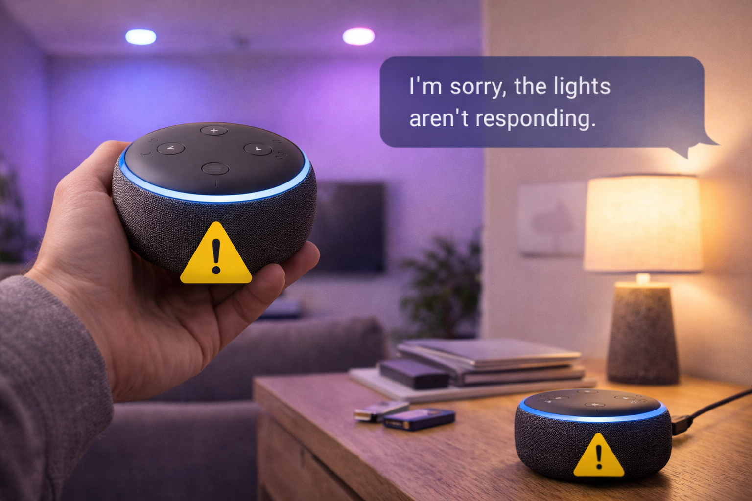 Fix Smart Lights Not Responding to Alexa 1 Smart lights in a living room not responding to Alexa voice commands, with an Echo device active but lights remaining unchanged.