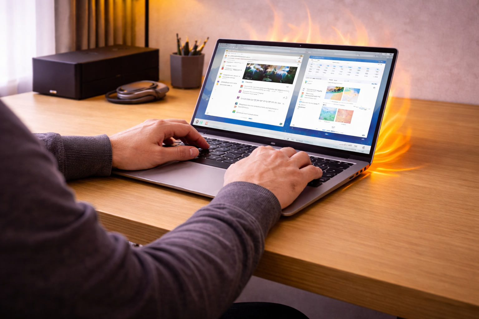 User working on a laptop that is overheating during normal daily tasks.