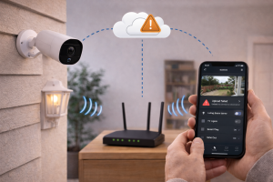 Physical layout showing a security camera connecting through a Wi-Fi router to a smartphone and cloud service, illustrating where cloud upload can fail.