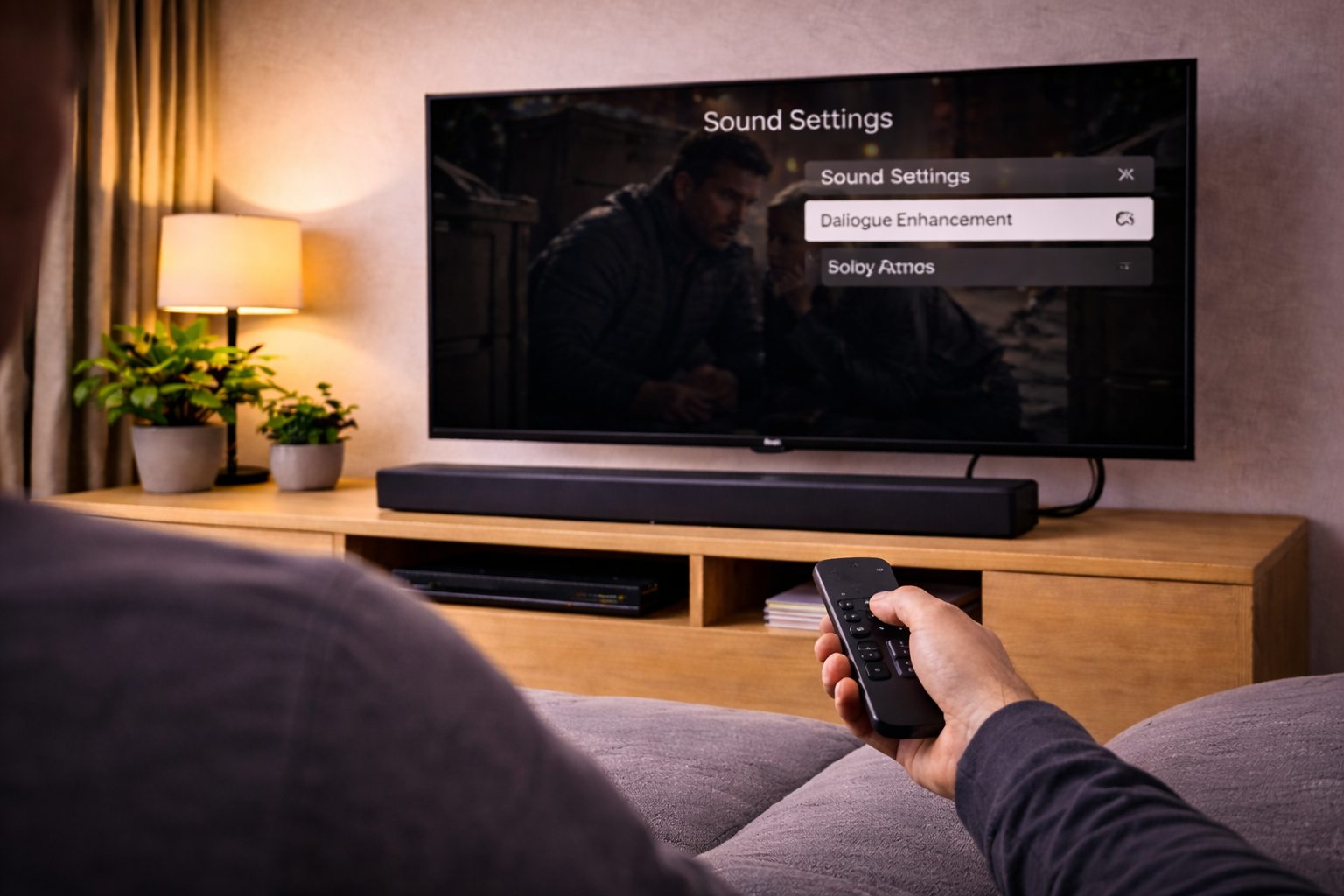 User adjusting TV and soundbar sound settings with a remote to improve dialogue clarity.