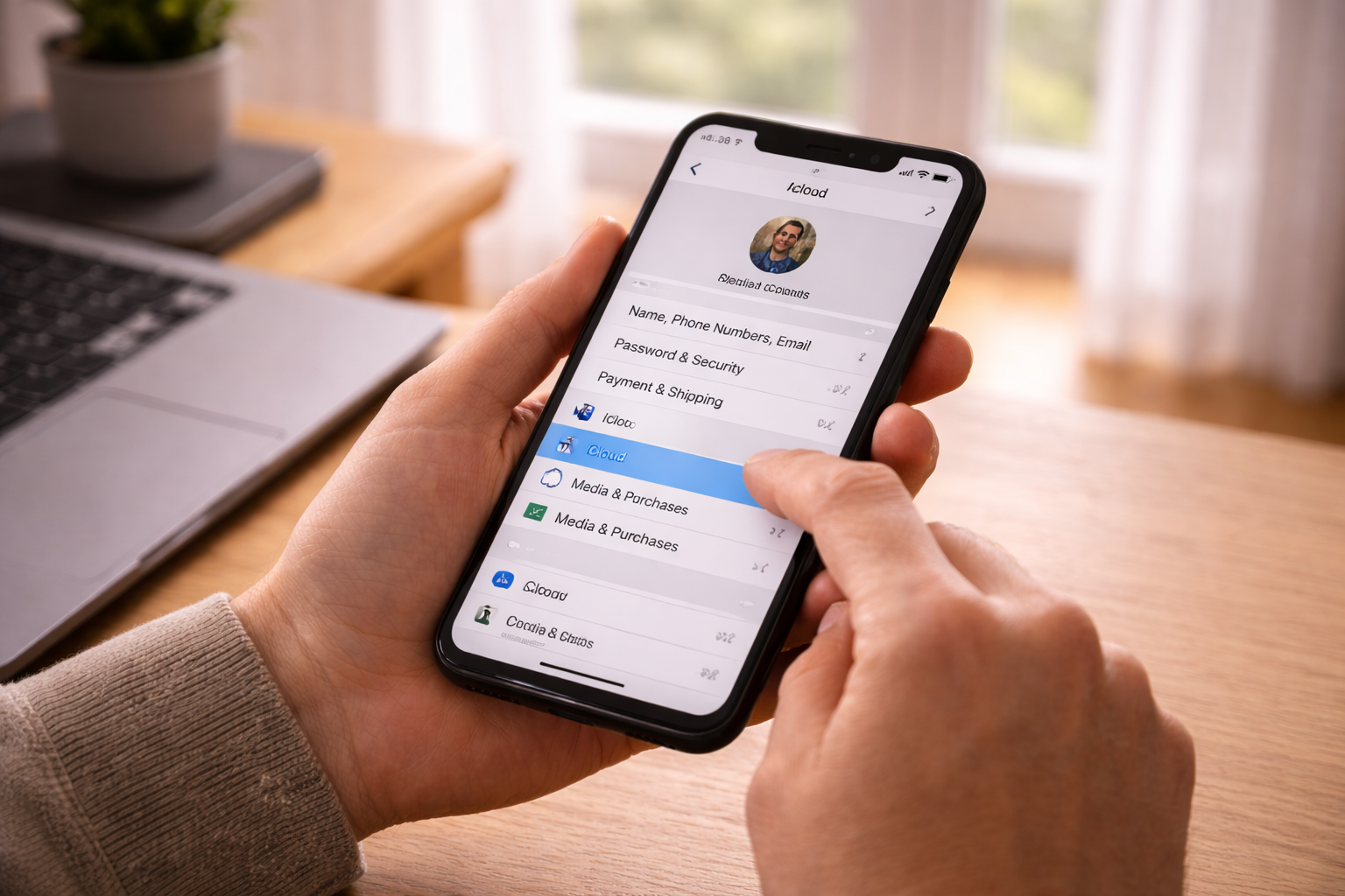 User checking iCloud settings on an iPhone while troubleshooting sync stuck on “Uploading”.