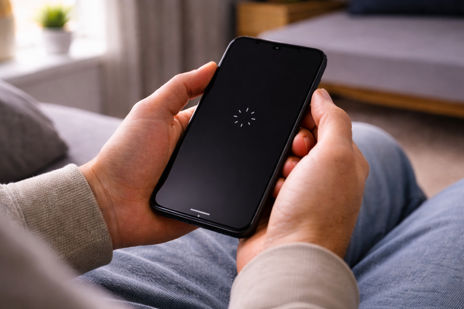 User force restarting an iPhone by pressing the side and volume buttons while it is stuck on the spinning loading wheel.