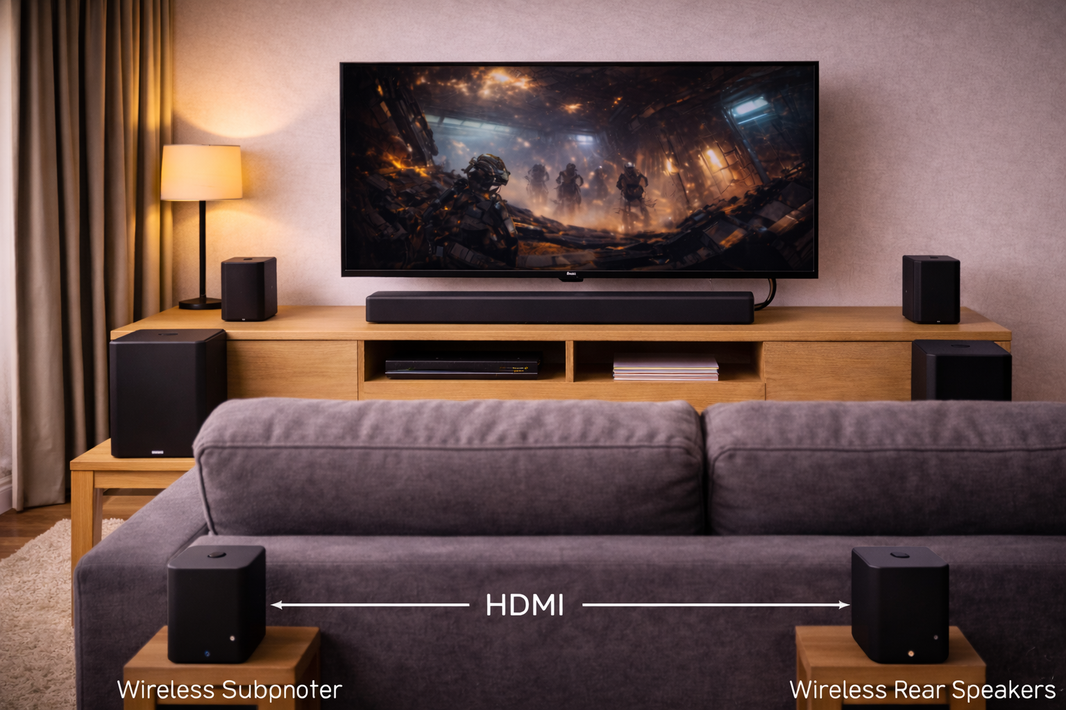 Physical layout showing wireless audio signal flow to rear speakers in a home theatre setup.