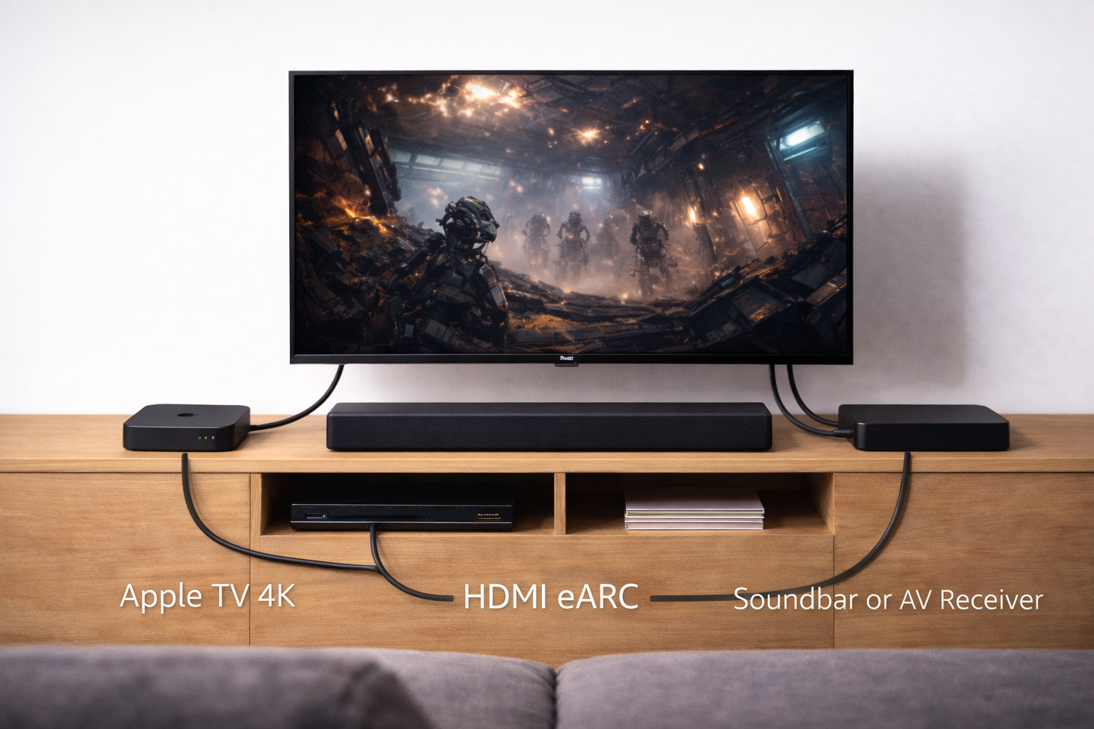 Physical layout showing how Dolby Atmos audio flows from Apple TV through HDMI eARC to a soundbar or AV receiver.