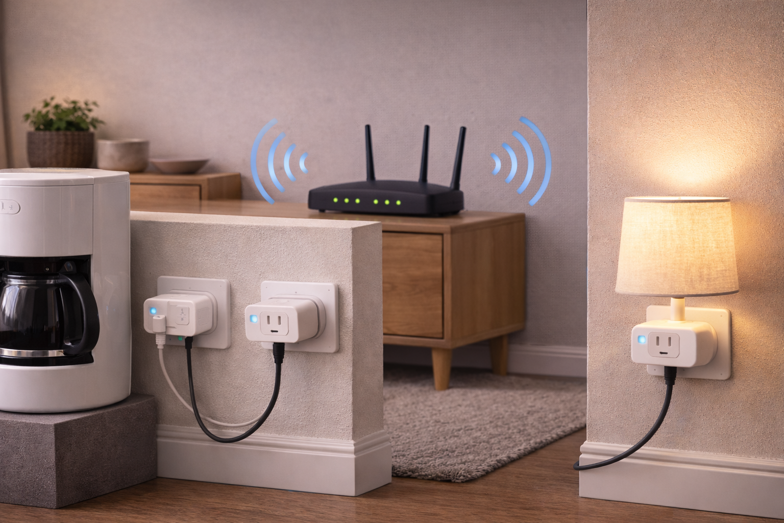 Physical layout showing how smart plugs connect to a Wi-Fi router in a home network, illustrating wireless signal paths between the router and multiple smart plugs.