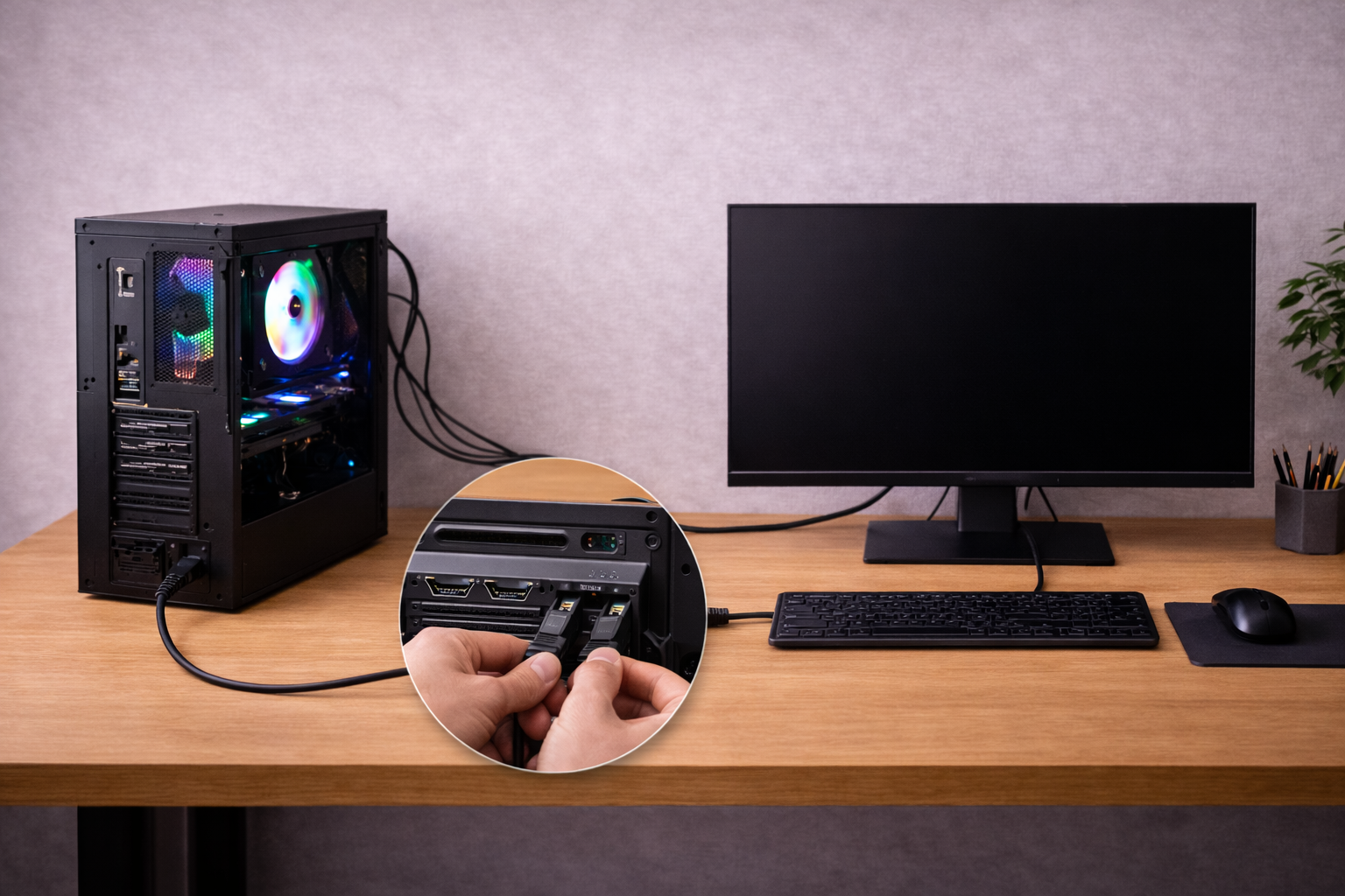 Physical layout showing how a desktop PC graphics card connects to a monitor using HDMI or DisplayPort for display output.