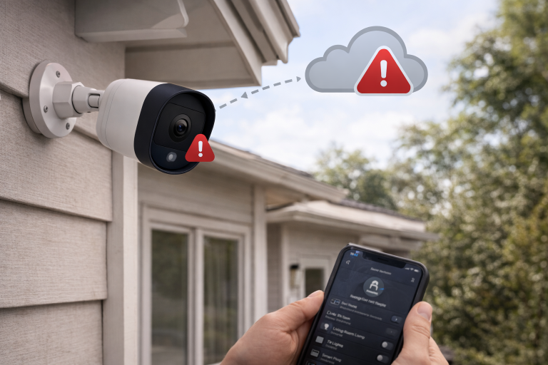 Security camera failing to upload footage to the cloud, with a smartphone showing a connection error nearby.