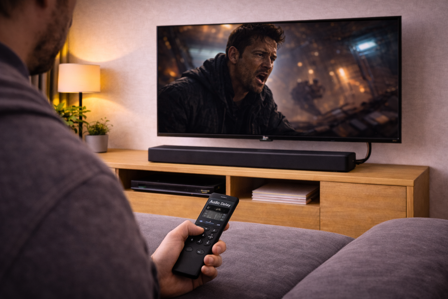 User adjusting audio delay settings with a remote to fix lip sync issues between the TV and soundbar.
