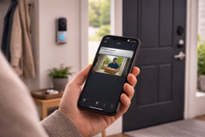 User checking delayed smart doorbell notifications on a smartphone inside the home.