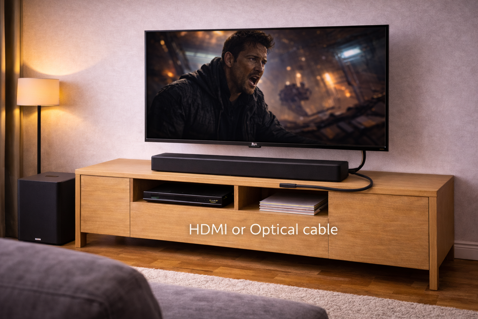 Physical layout showing the audio signal path between a TV and a soundbar using HDMI or optical connection.