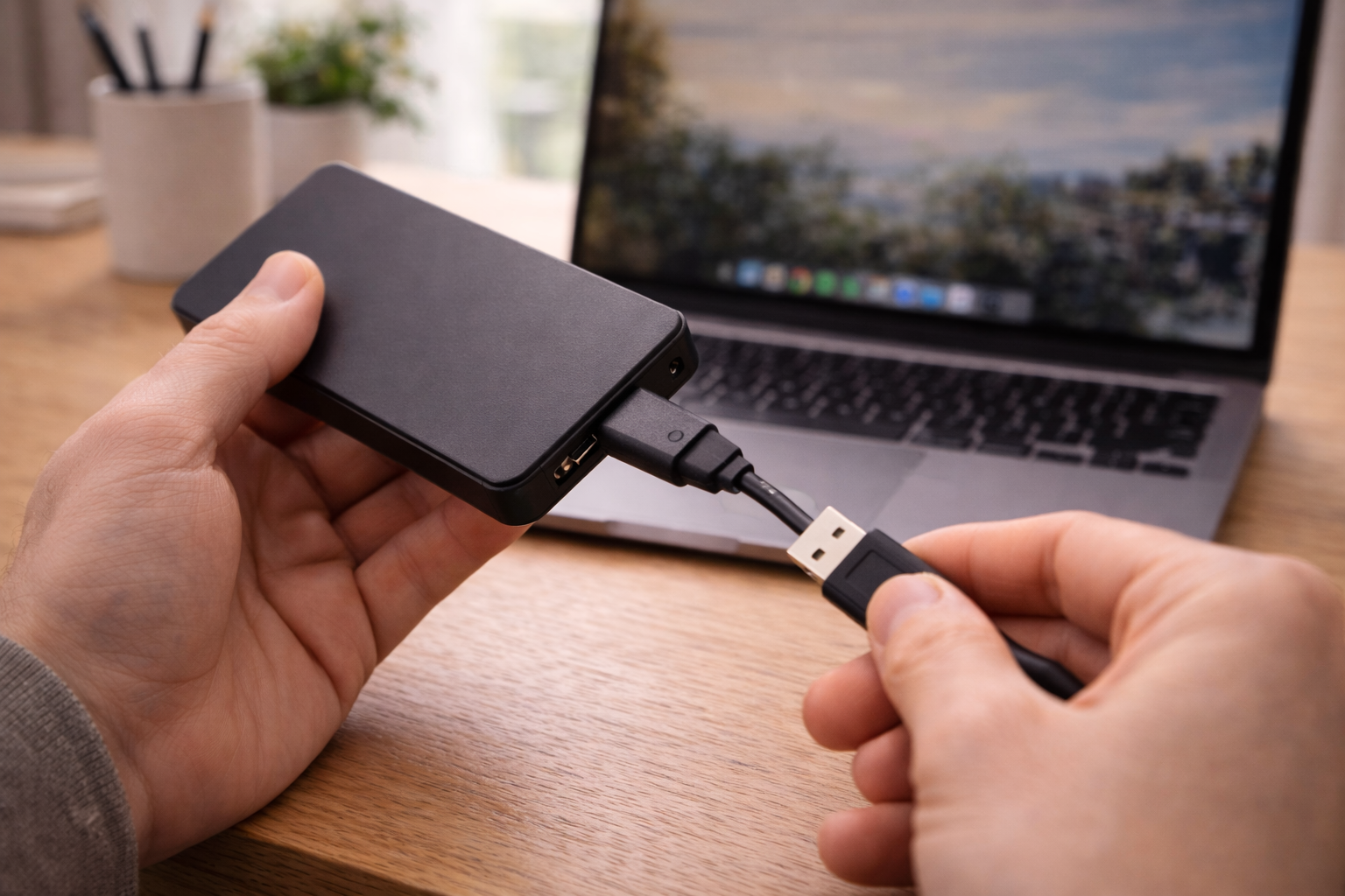 User checking and reconnecting an external hard drive cable while troubleshooting frequent disconnections.