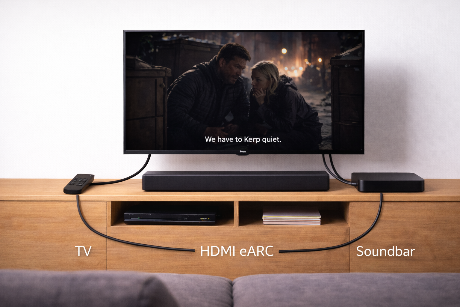 Physical layout showing how TV audio is sent to a soundbar through an HDMI connection for clearer dialogue.
