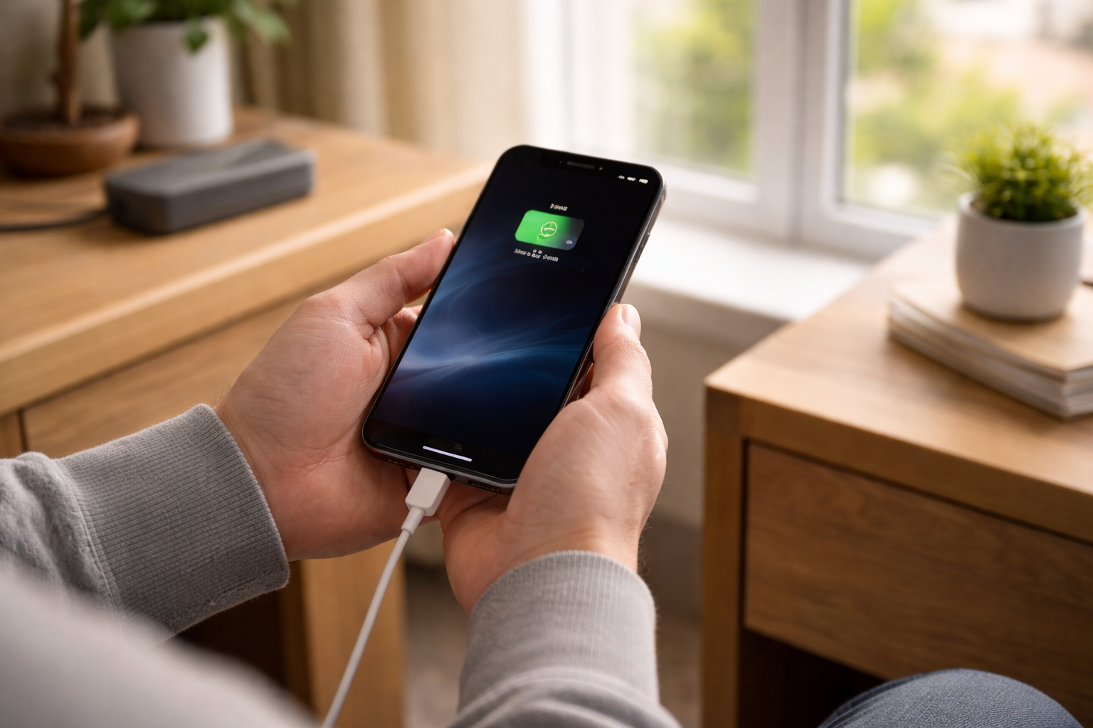 User checking an iPhone that stopped charging at eighty percent while still plugged in.