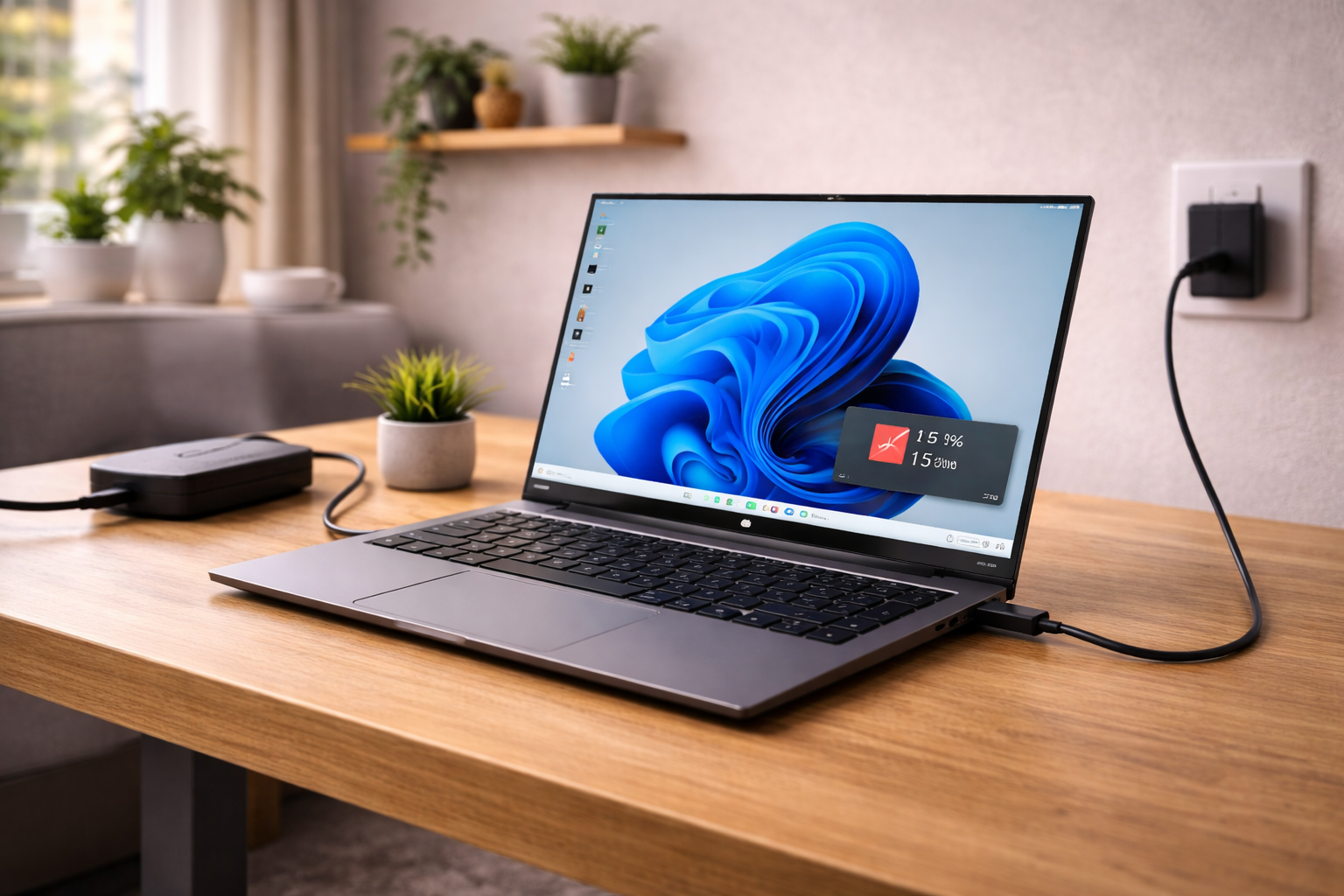 Laptop connected to a charger but battery continues to drain during use.