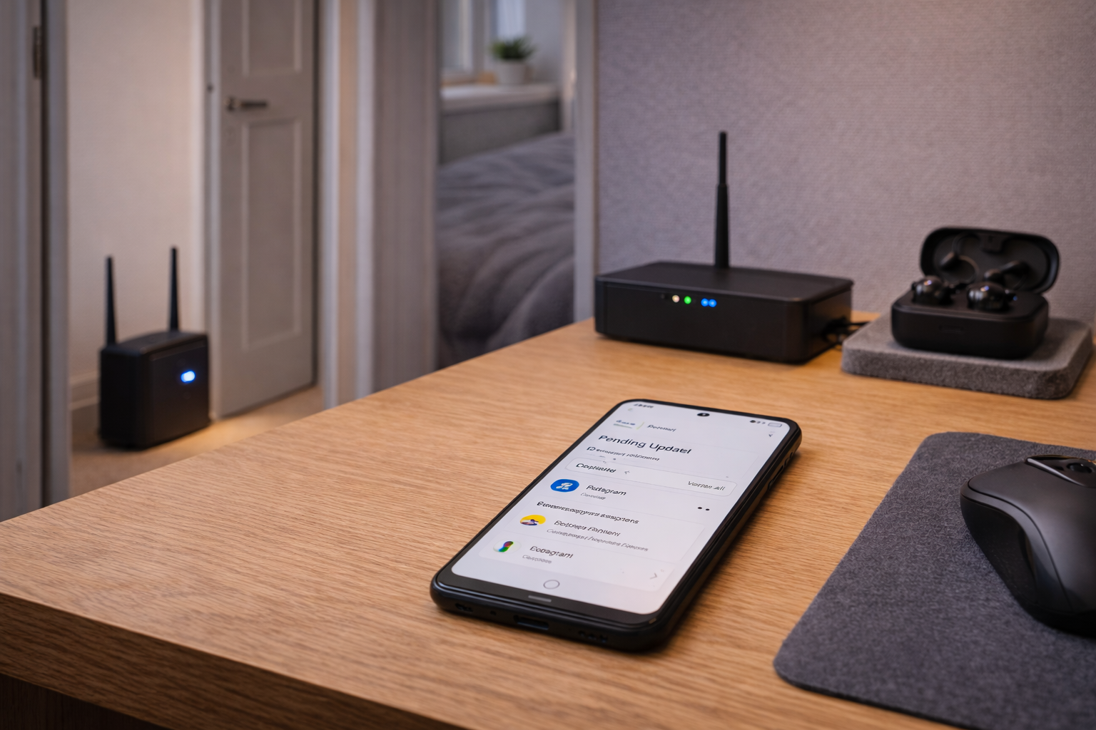 Physical layout showing how Android app updates, background services, and network connections can contribute to apps crashing after updates.