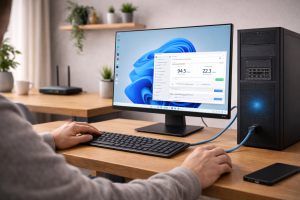 Fix Ethernet Slower Than Wi-Fi on Windows 11 1 User troubleshooting a slow Ethernet connection on a Windows 11 PC by checking network settings at a desk.