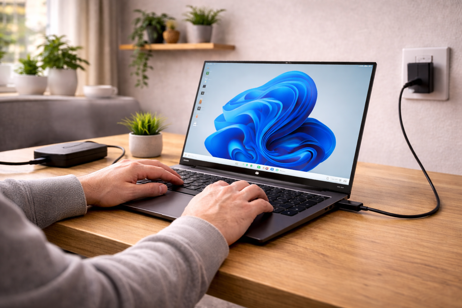 User working on a laptop that is plugged in while the battery continues to drain, indicating a charging or power delivery issue.